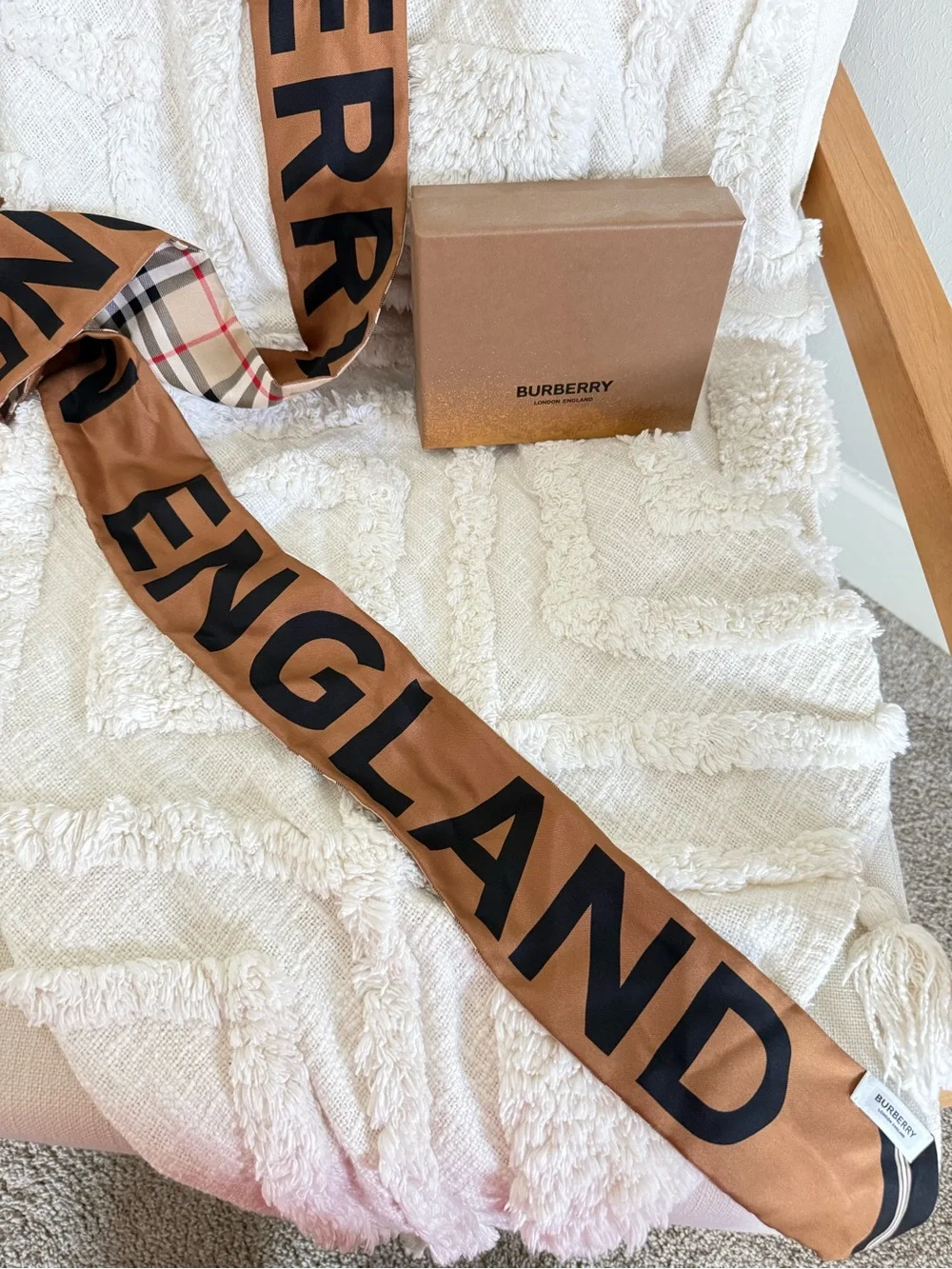Burberry Beige, Tan & Black Check Silk Twilly Scarf